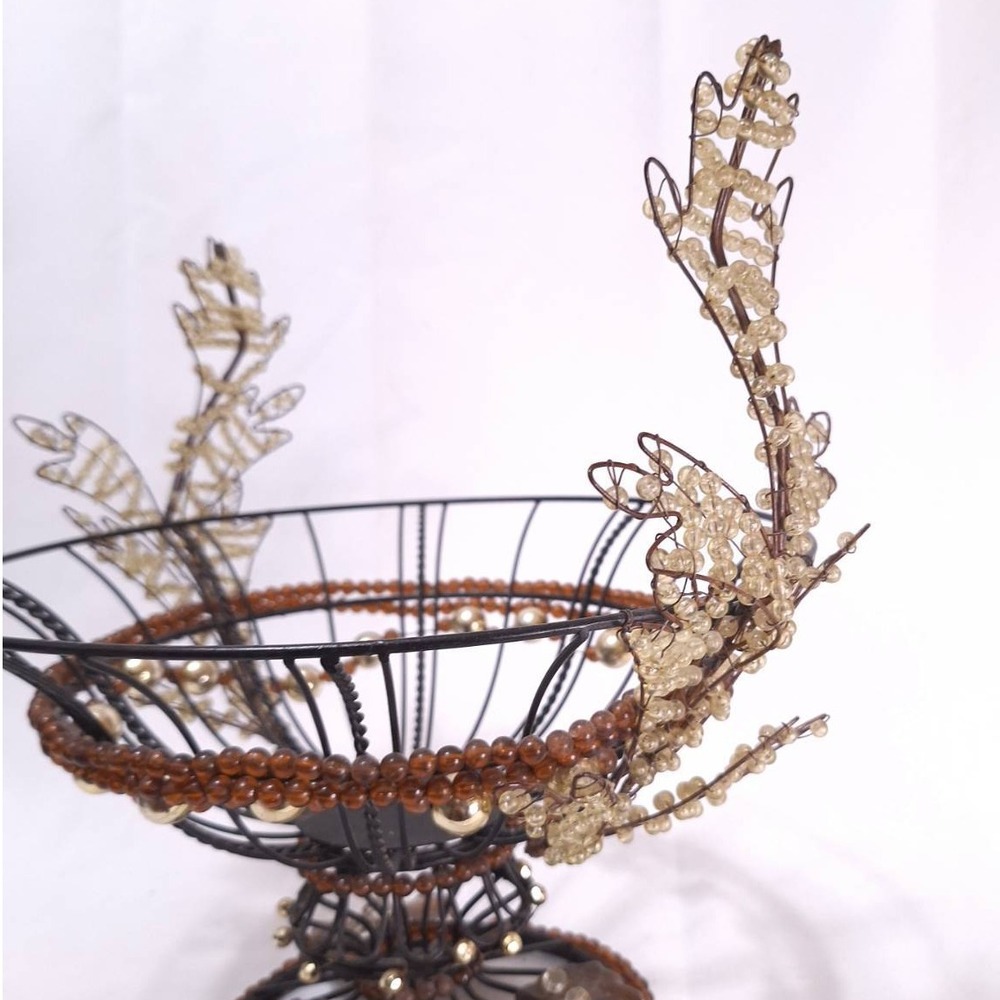 Vtg Metal Wire‎ Beaded Basket w/ Ceramic Leaves Rustic Deco Centerpiece 12.5"w - Picture 9 of 12